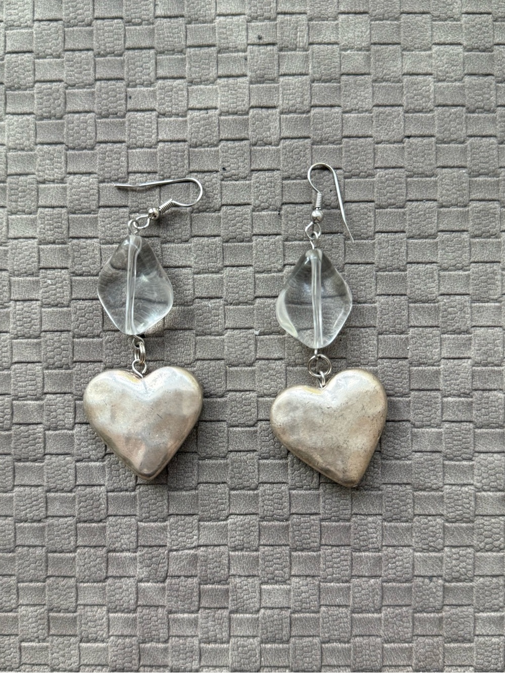 Silver puff Heart Drop Earrings with Clear crystal Accent